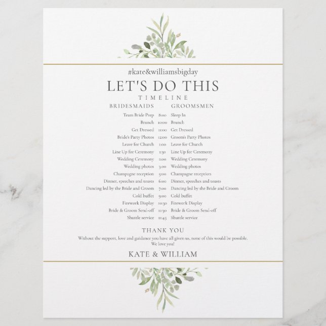 Elegant Greenerity Wedding Zeitplan Timeline (Vorderseite)