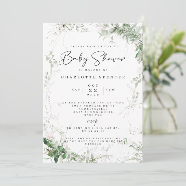 Elegant Greenery Baby Shower Einladung (Stehend Vorderseite)