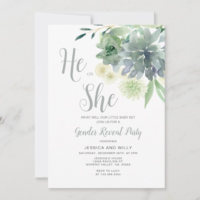 Elegant Greenery Bloral He or She Gender Reveal Einladung (Vorderseite)