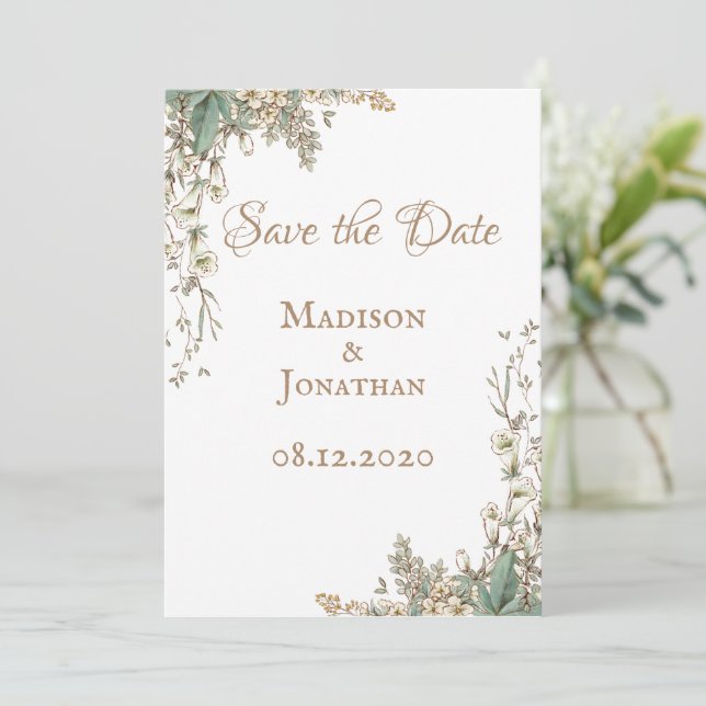 Elegant Greenery Bloral Script Wedding Save The Date (Stehend Vorderseite)