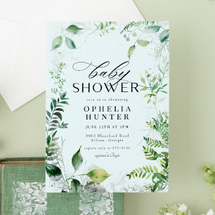Elegant Greenery Blue Sky Leafy Baby Shower Einladung