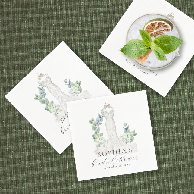 Elegant Greenery Boho Script Paper Napkin Serviette (These elegant bridal shower napkins feature an exquisite drawing of a wedding gown)