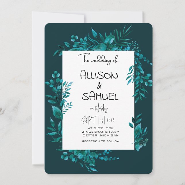 Elegant Greenery Border Wedding Einladung (Vorderseite)