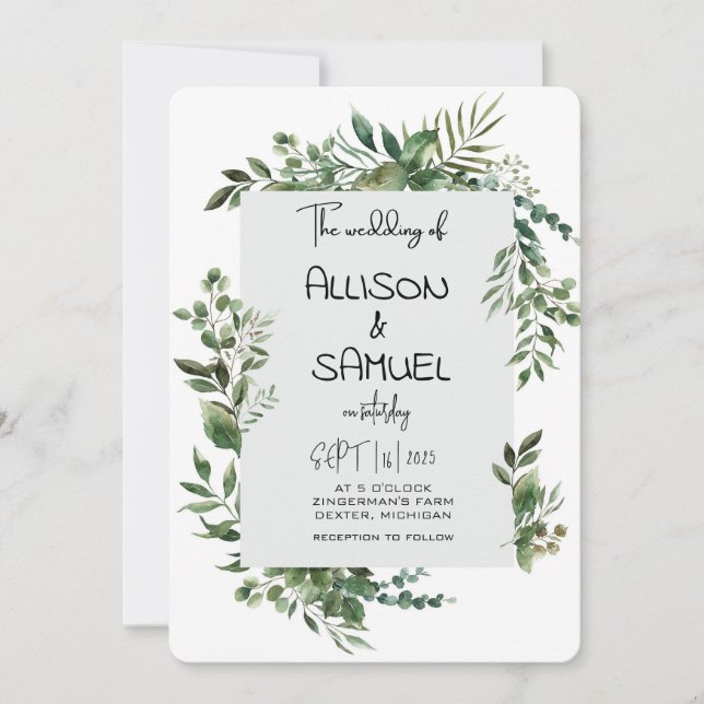 Elegant Greenery Border Wedding Einladung (Vorderseite)