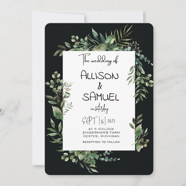 Elegant Greenery Border Wedding Einladung (Vorderseite)
