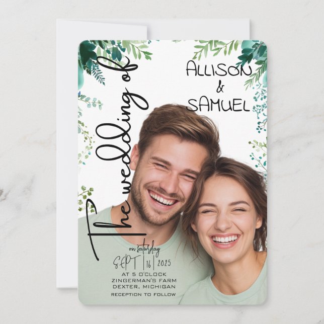 Elegant Greenery Border Wedding Einladung (Vorderseite)