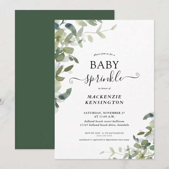Elegant Greenery Botanical Baby Sprinkle Einladung (Vorne/Hinten)