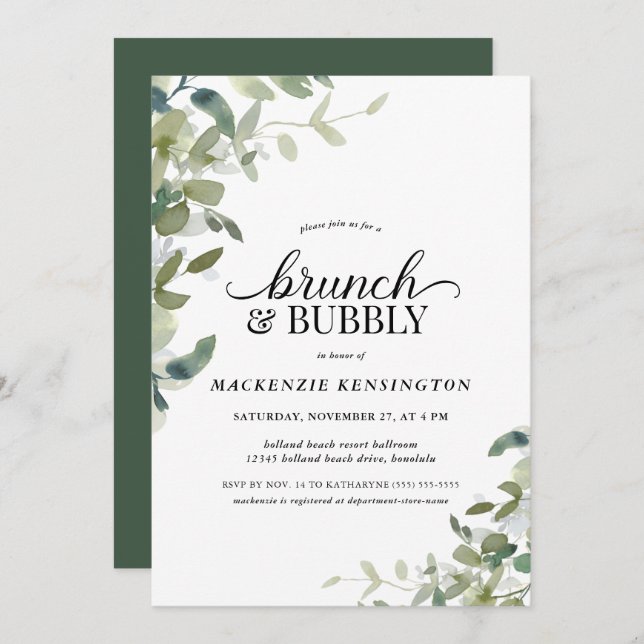 Elegant Greenery Brunch Bubbly Dusche Einladung (Vorne/Hinten)