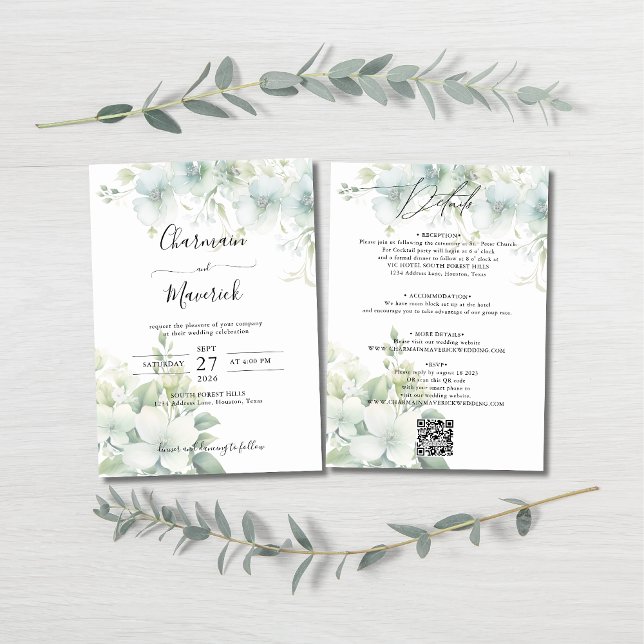 Elegant Greenery Budget QR code Wedding Einladung (Von Creator hochgeladen)