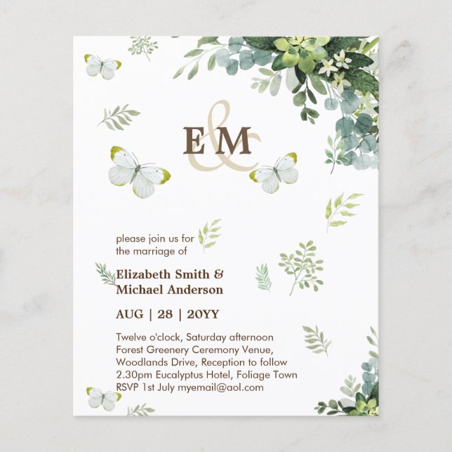 Elegant Greenery Butterflies Einladungen Hochzeite Flyer (Vorne)