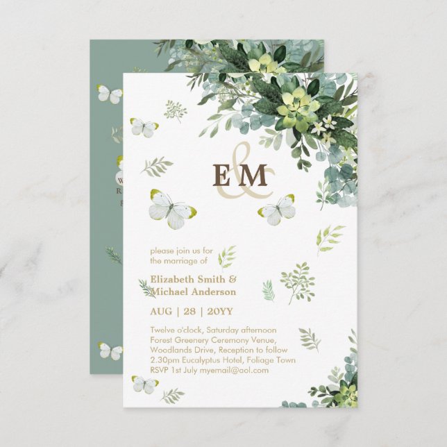 Elegant Greenery Butterflies Monogram Wedding Inv (Vorne/Hinten)
