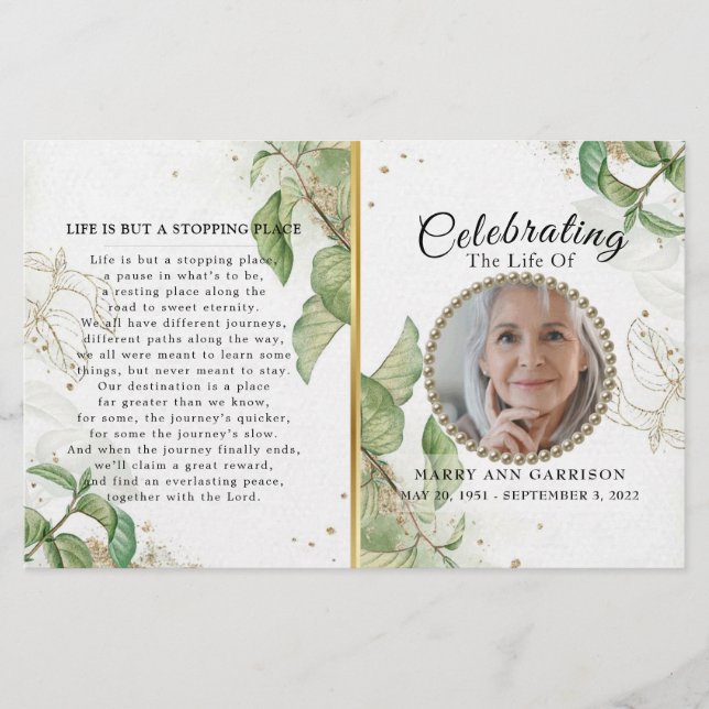 Elegant Greenery Celebration of Life Program (Vorderseite)