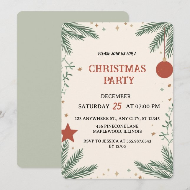 Elegant Greenery Christmas Party Invitation Card Einladung (Vorne/Hinten)