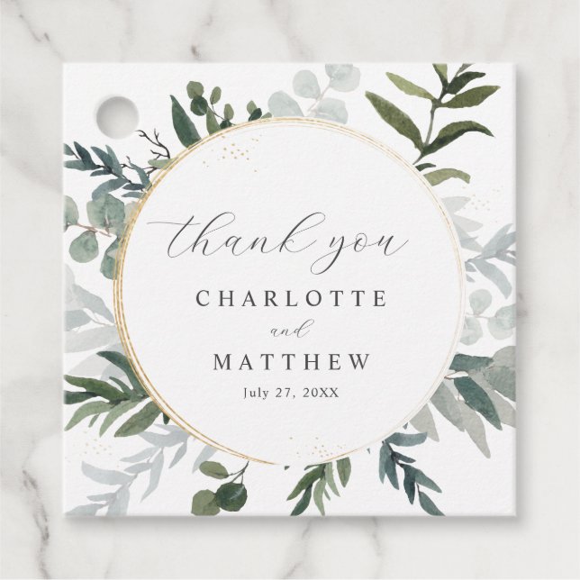 Elegant Greenery | Danke, Gold Wedding Geschenkanhänger (Vorderseite)