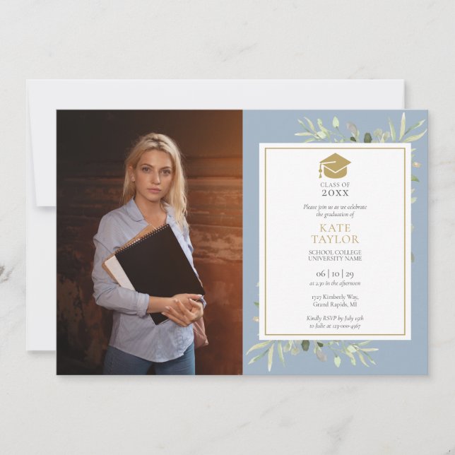 Elegant Greenery Dusty Blue Graduation Party Foto Einladung (Vorderseite)