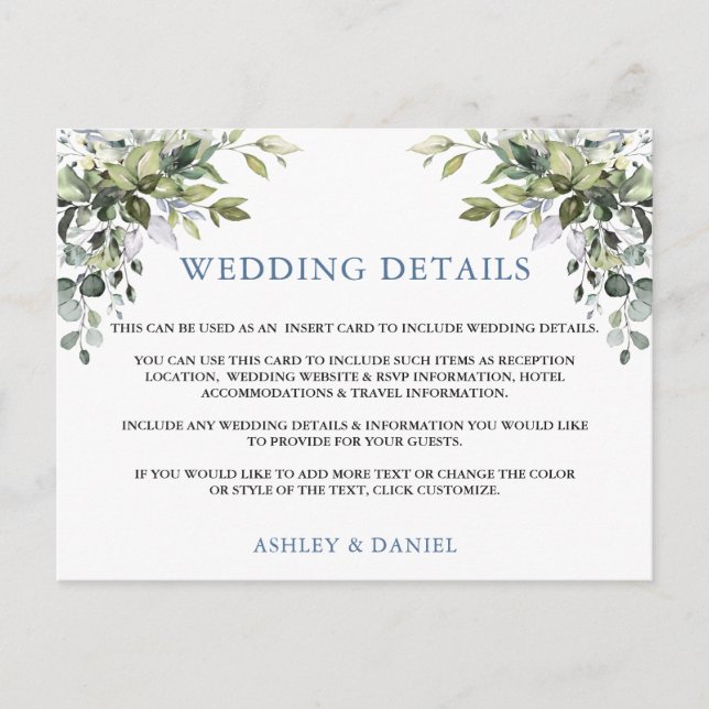 Elegant Greenery Dusty Blue Wedding Details Card Postkarte (Vorderseite)