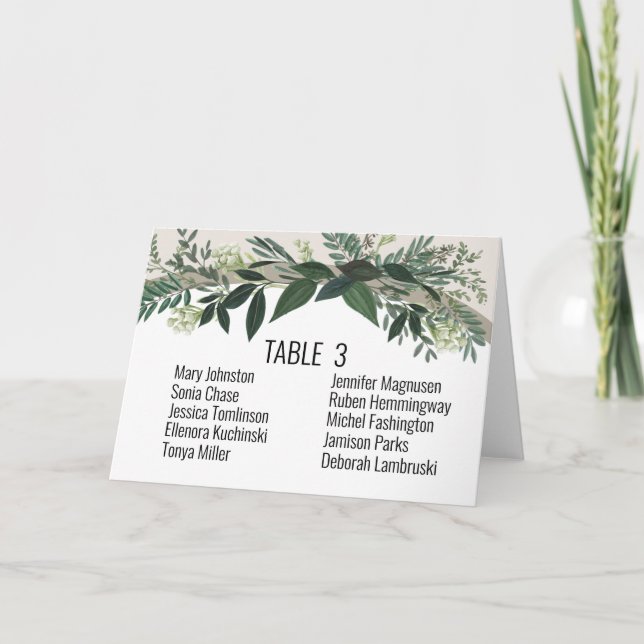 Elegant Greenery Editable Tischnummer und Namen (Vorderseite)
