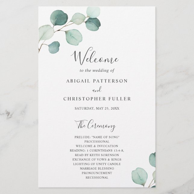 Elegant Greenery Eucalyptus Budget Hochzeitsprogra Flyer (Vorne)