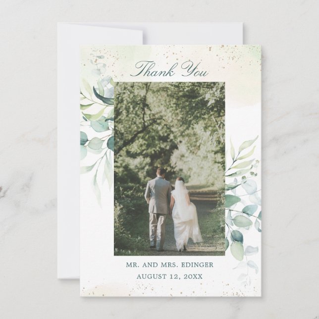 Elegant Greenery Eucalyptus Foto Wedding Dankeskarte (Vorderseite)