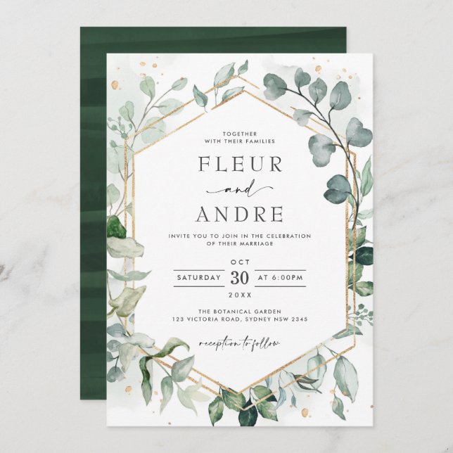 Elegant Greenery Eucalyptus Geometric Gold Wedding Einladung (Vorne/Hinten)