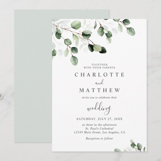 Elegant Greenery Eucalyptus Gold Wedding Einladung (Vorne/Hinten)