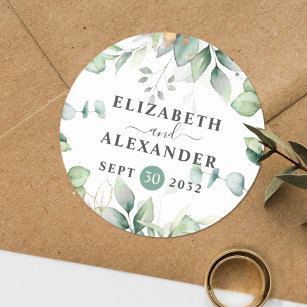Elegant greenery eucalyptus names and wedding date runder aufkleber