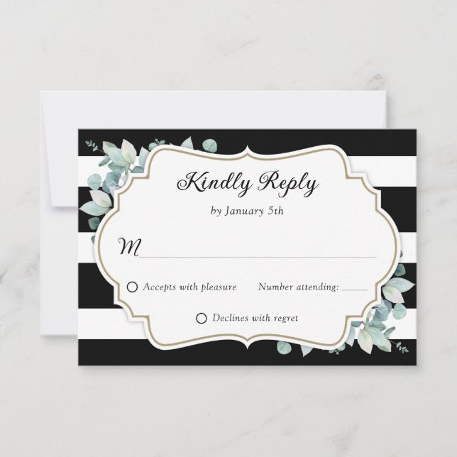 Elegant Greenery Eucalyptus Schwarz-weiß Wedding RSVP Karte (Vorderseite)