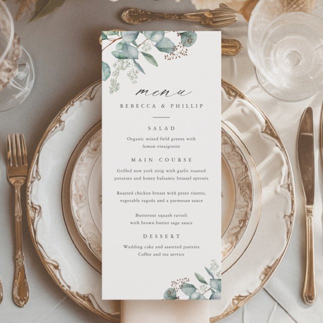 Elegant Greenery Eucalyptus Watercolor Wedding Menükarte (Elegant Eucalyptus Greenery Wedding Dinner Menus.)