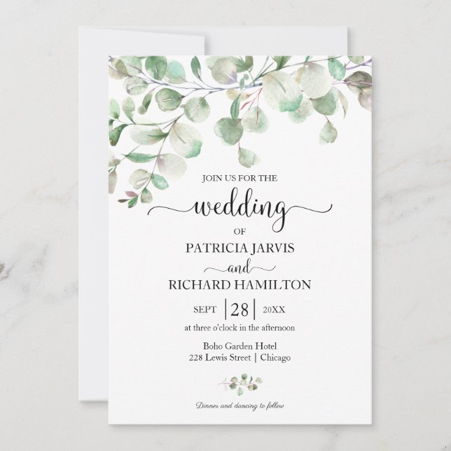 Elegant Greenery Eucalyptus Wedding Einladung (Vorderseite)