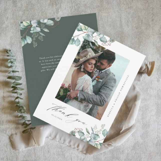 Elegant Greenery Eucalyptus Wedding Foto Dankeskarte (Elegant eucalyptus wedding photo thank you card with hand-painted greenery leaves and script type.)