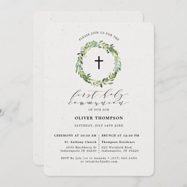 Elegant Greenery Eucalyptus Wreath First Communion Einladung (Vorne/Hinten)