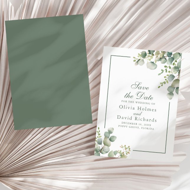 Elegant Greenery Eukalyptus Botanische Hochzeit Save The Date (Elegant Greenery Eucalyptus Botanical Wedding Save The Date on a sunny neutral dry palm leaf.)