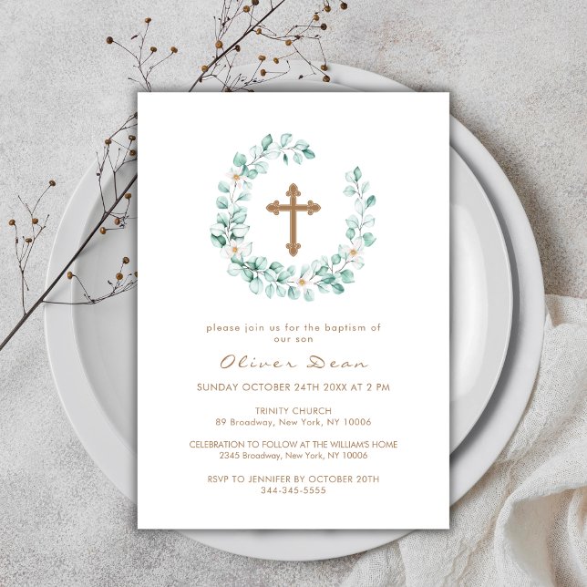 Elegant Greenery Eukalyptus Gold Cross Taufe Einladung (Elegant Greenery Eucalyptus Gold Cross Baptism Invitation)