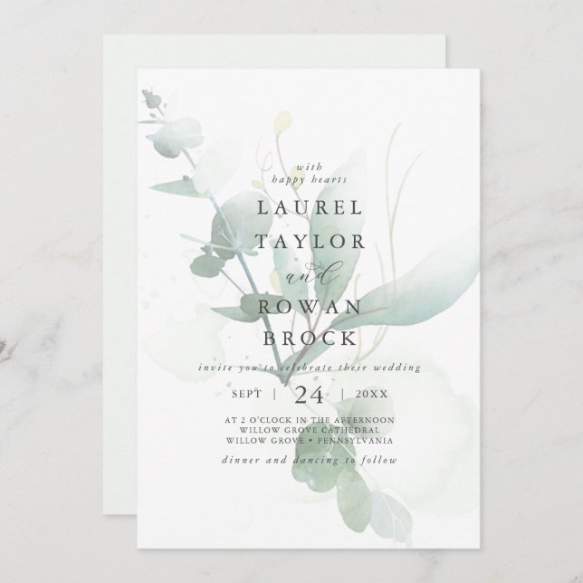 Elegant Greenery Faded Wedding Einladung (Vorne/Hinten)