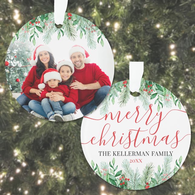 Elegant Greenery Family Foto Frohe Weihnachten Ornament (Elegant Greenery Family Photo Merry Christmas Ornament)