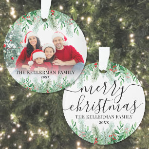Elegant Greenery Family Foto Frohe Weihnachten Ornament