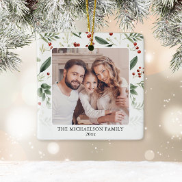 Elegant Greenery Family Photo Christmas Keramikornament