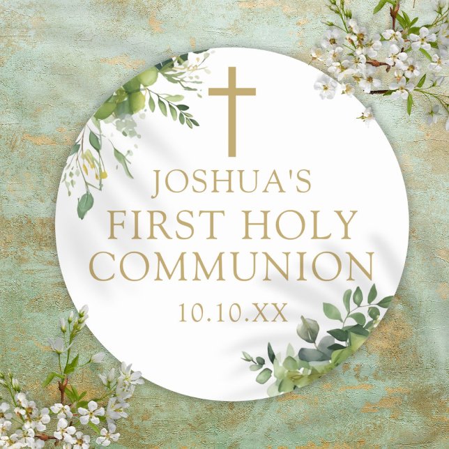 Elegant Greenery First Holy Communion Gefallen Runder Aufkleber (Elegant Greenery First Holy Communion Favor Classic Round Sticker)