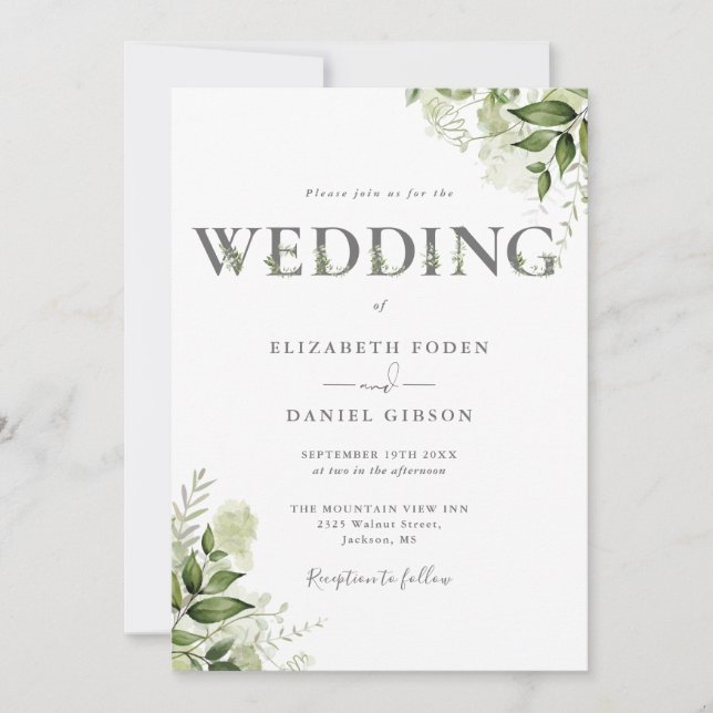 Elegant Greenery Floral Typografy Wedding Einladung (Vorderseite)