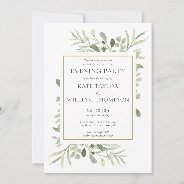 Elegant Greenery Floral Wedding Abend Party Einladung (Vorderseite)