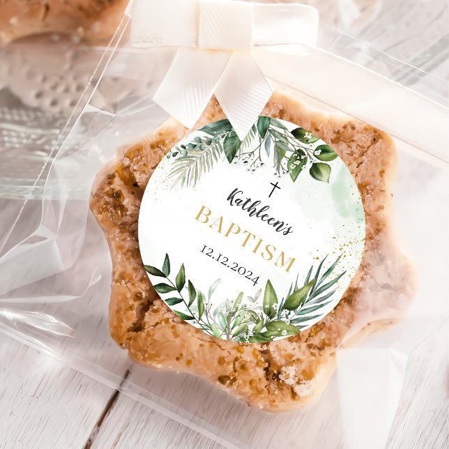Elegant Greenery Foliage Baptisse Runder Aufkleber (Von Creator hochgeladen)