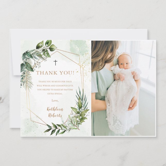 Elegant Greenery Foliage Taufe Danke Karte (Vorderseite)