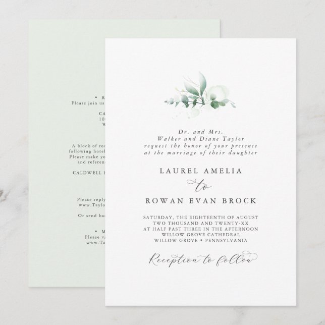 Elegant Greenery Formal Wedding Einladung (Vorne/Hinten)