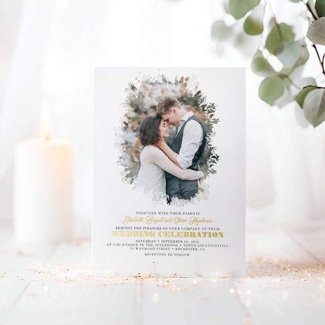 Elegant Greenery Foto Overlay White Wedding Folieneinladung (Photo Wedding Invitations in Real Gold Foil)