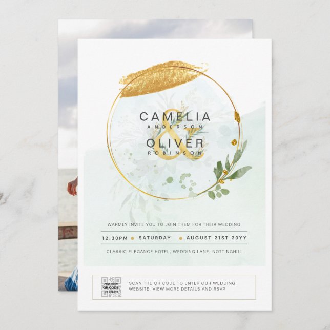 Elegant Greenery FOTO Wedding Einladung QR CODE (Vorne/Hinten)