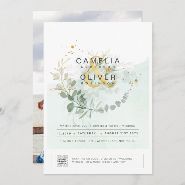 Elegant Greenery FOTO Wedding Einladung QR CODE (Vorne/Hinten)