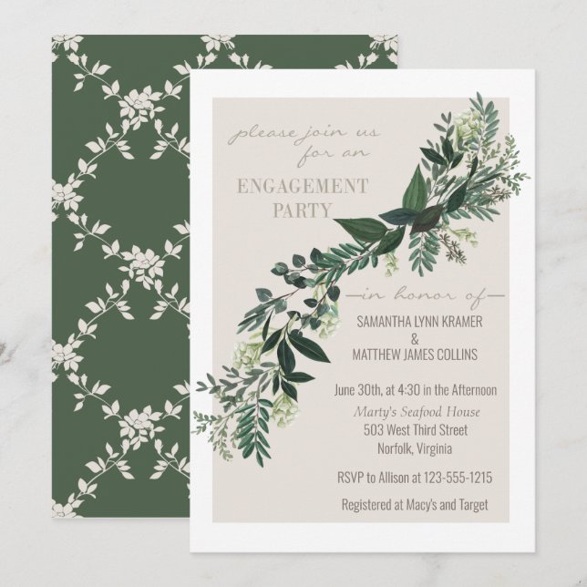 Elegant Greenery Garland Ferns Engagement Party Einladung (Vorne/Hinten)