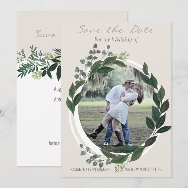 Elegant Greenery Garland Ferns Save the Date Foto Einladung (Vorne/Hinten)