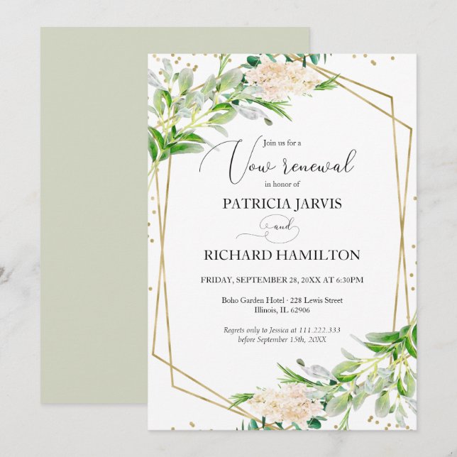 Elegant Greenery Geometric Wedding Vow Renewal Einladung (Vorne/Hinten)