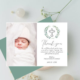 Elegant Greenery Girl Boy Baptism Foto Dankeskarte